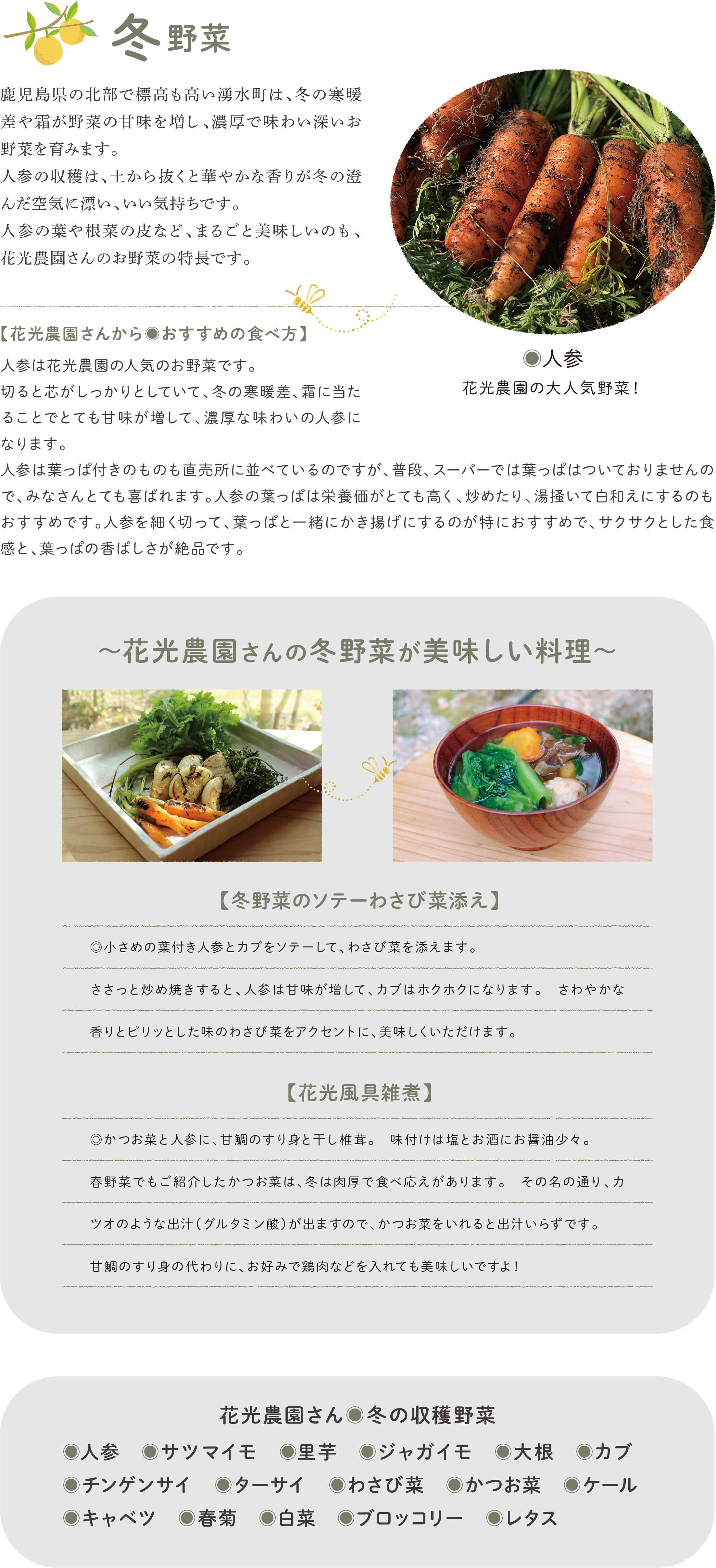 花光農園の冬野菜特集。葉付き人参の写真に加え、冬野菜のソテーや花光風具雑煮などの料理写真、おすすめの食べ方が紹介されている。下部に冬の収穫野菜一覧（人参、サツマイモなど）あり。