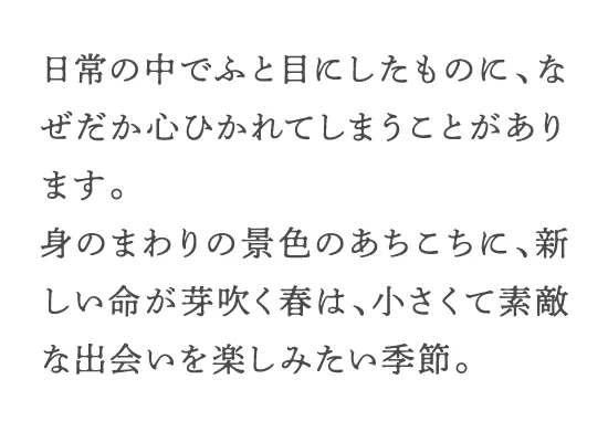 日常の中でふと目にしたものに、なぜだか心ひかれてしまうことがあります。身のまわりの景色のあちこちに、新しい命が芽吹く春は、小さくて素敵な出会いを楽しみたい季節。